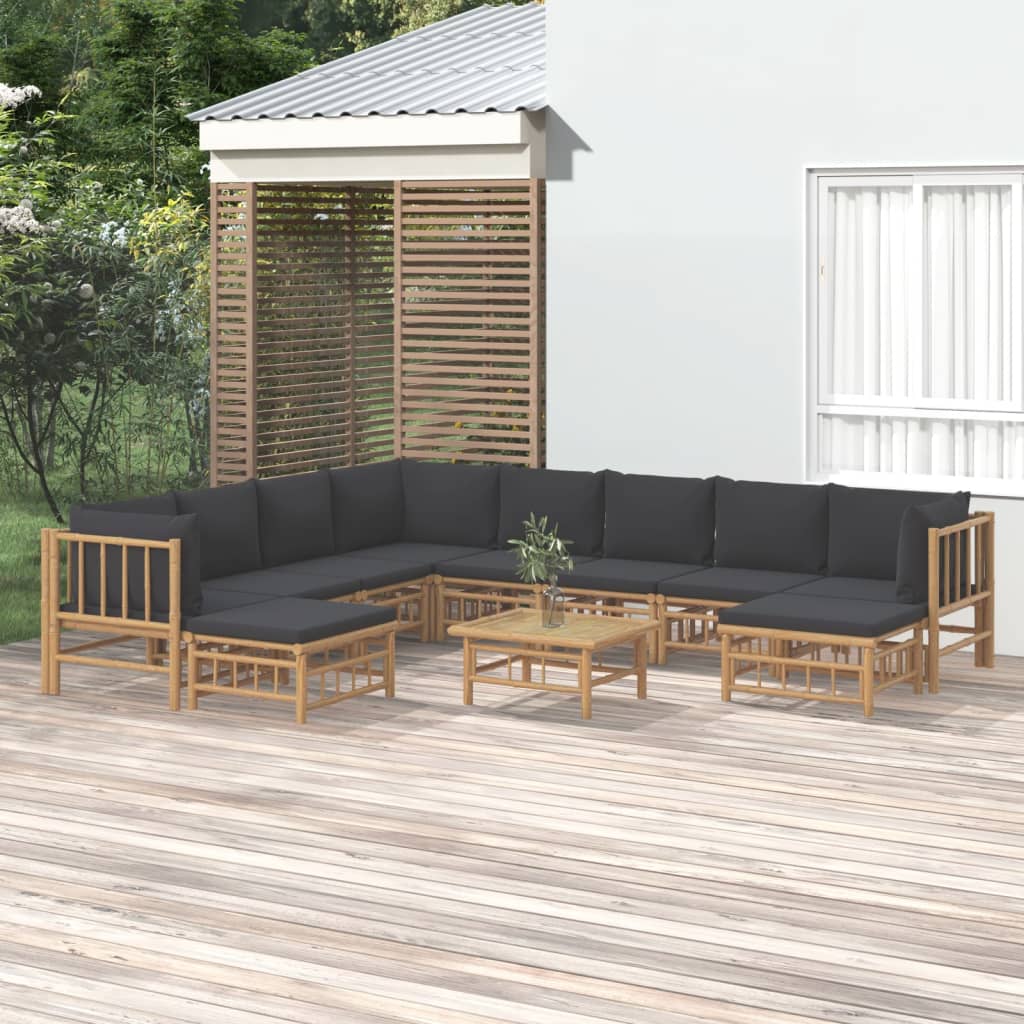 vidaXL loungesæt til haven 11 dele med mørkegrå hynder bambus