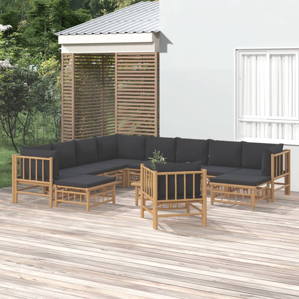 Zestaw mebli ogrodowych bambusowych, 5 sofy środkowe, 3 sofy narożne, 2 podnóżki, 1 krzesło, 1 stół, 11 poduszek na siedzisko, 12 poduszek na oparcie, ciemnoszary kolor
