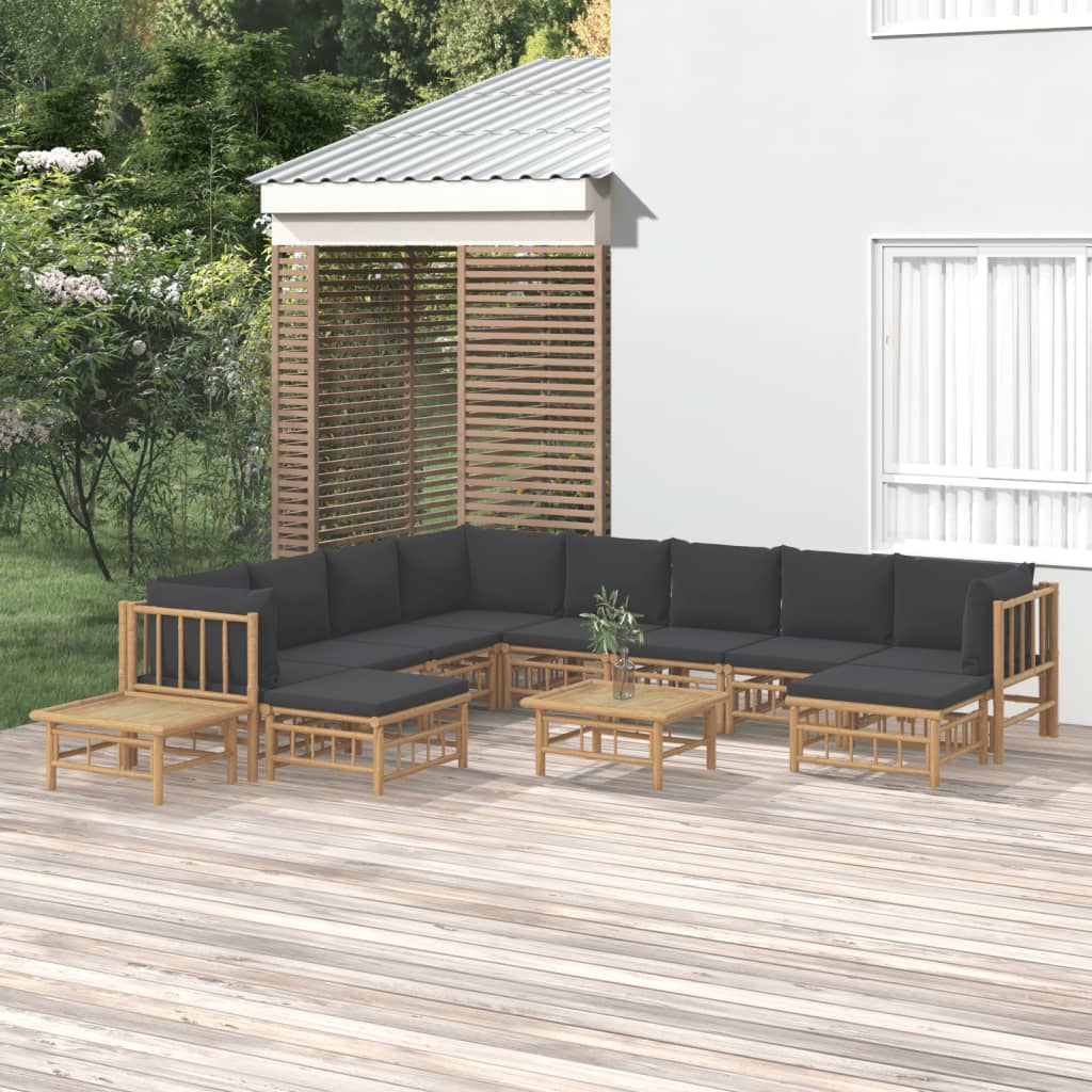 vidaXL loungesæt til haven 12 dele med mørkegrå hynder bambus