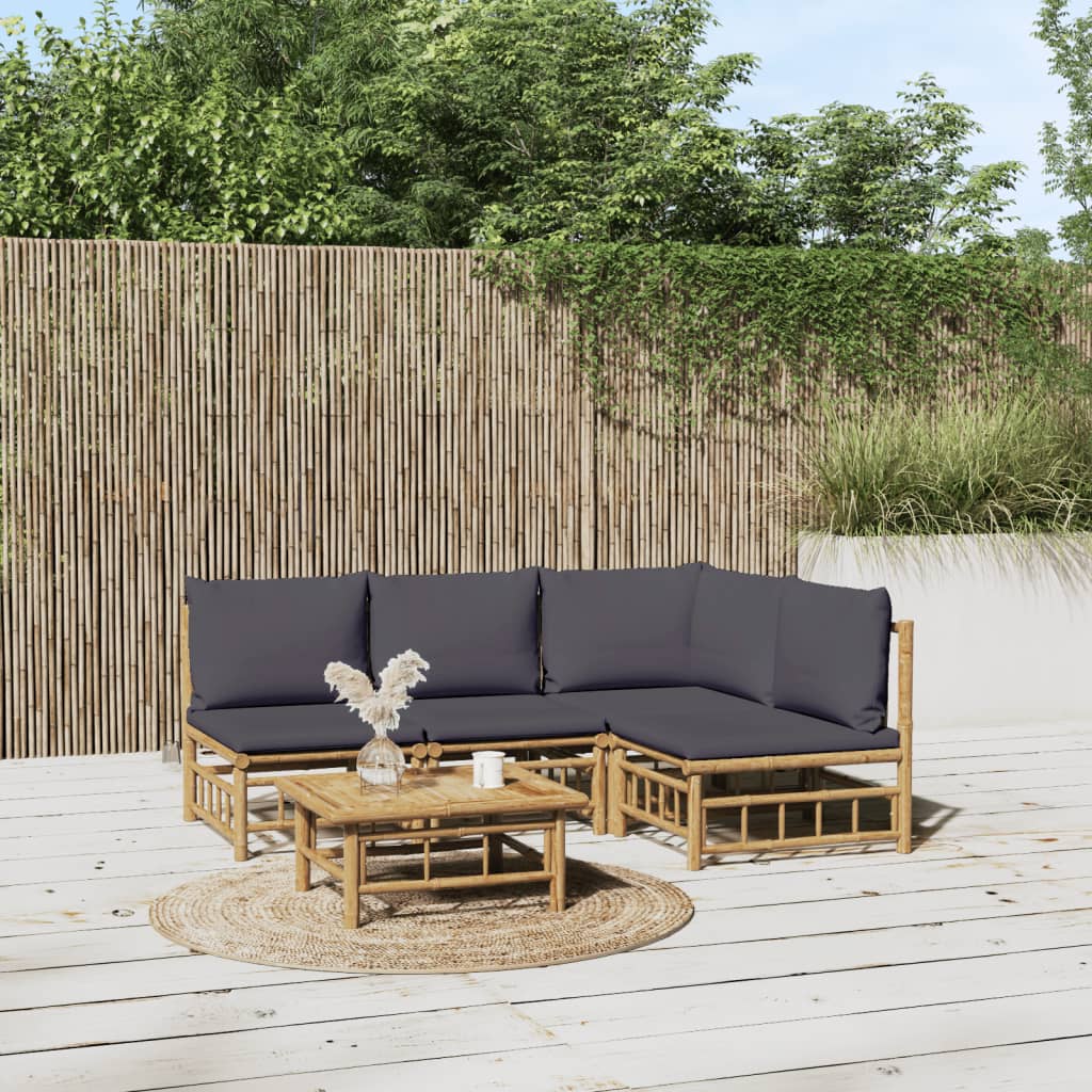 vidaXL Salon de jardin 5 pcs avec coussins gris foncé bambou
