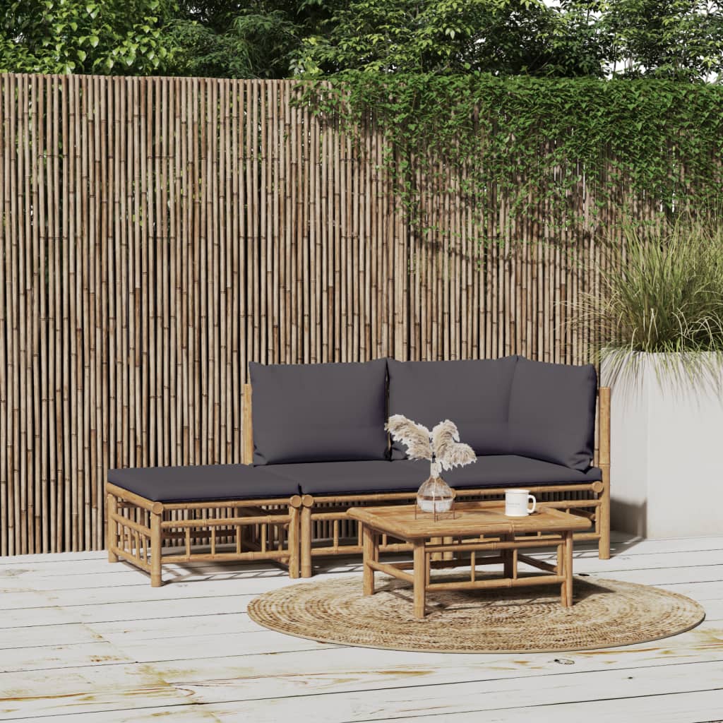 vidaXL Salon de jardin 3 pcs avec coussins gris foncé bambou