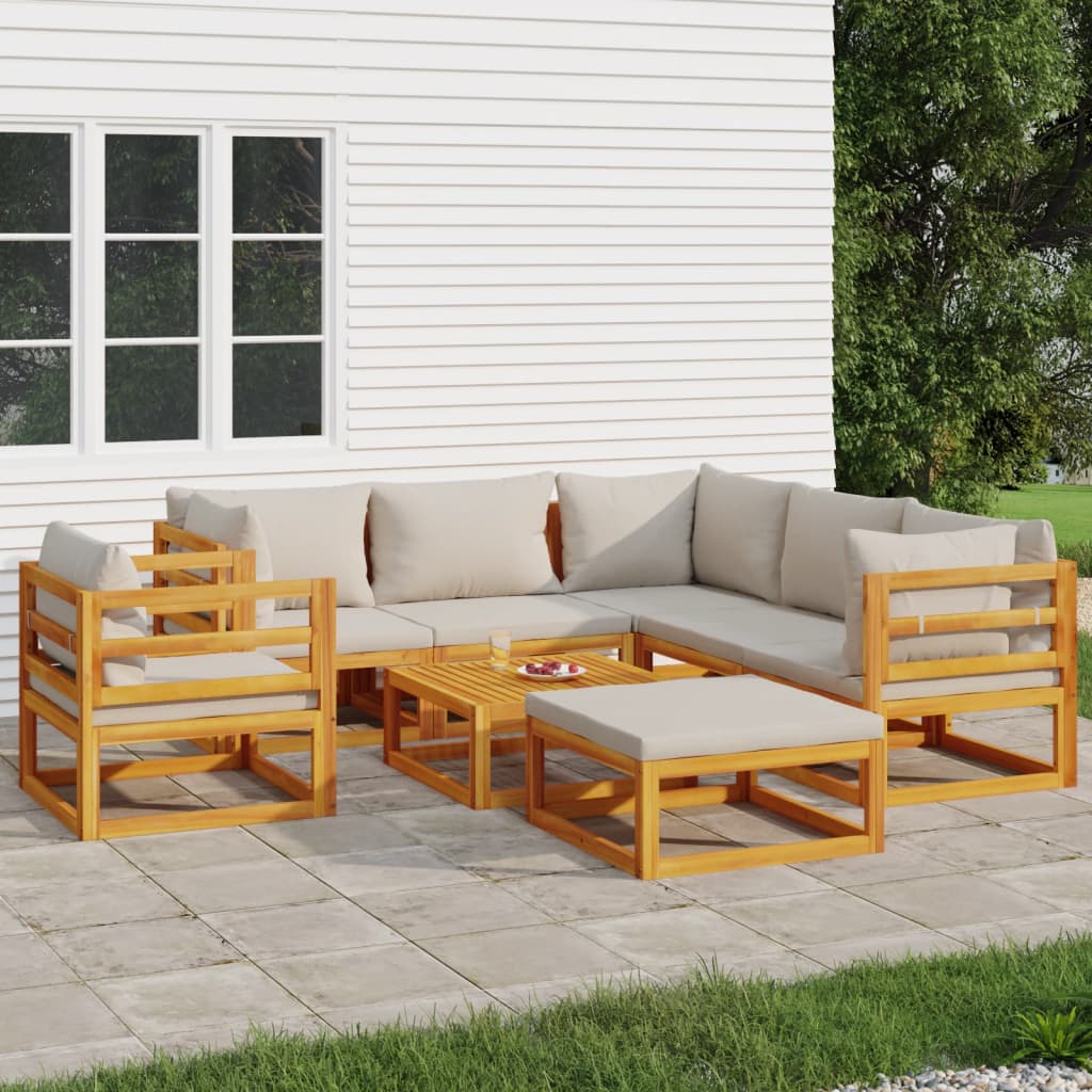 Zestaw mebli ogrodowych z drewna akacjowego - 3 sofy, 1 krzesło, stolik, podnóżek + poduszki