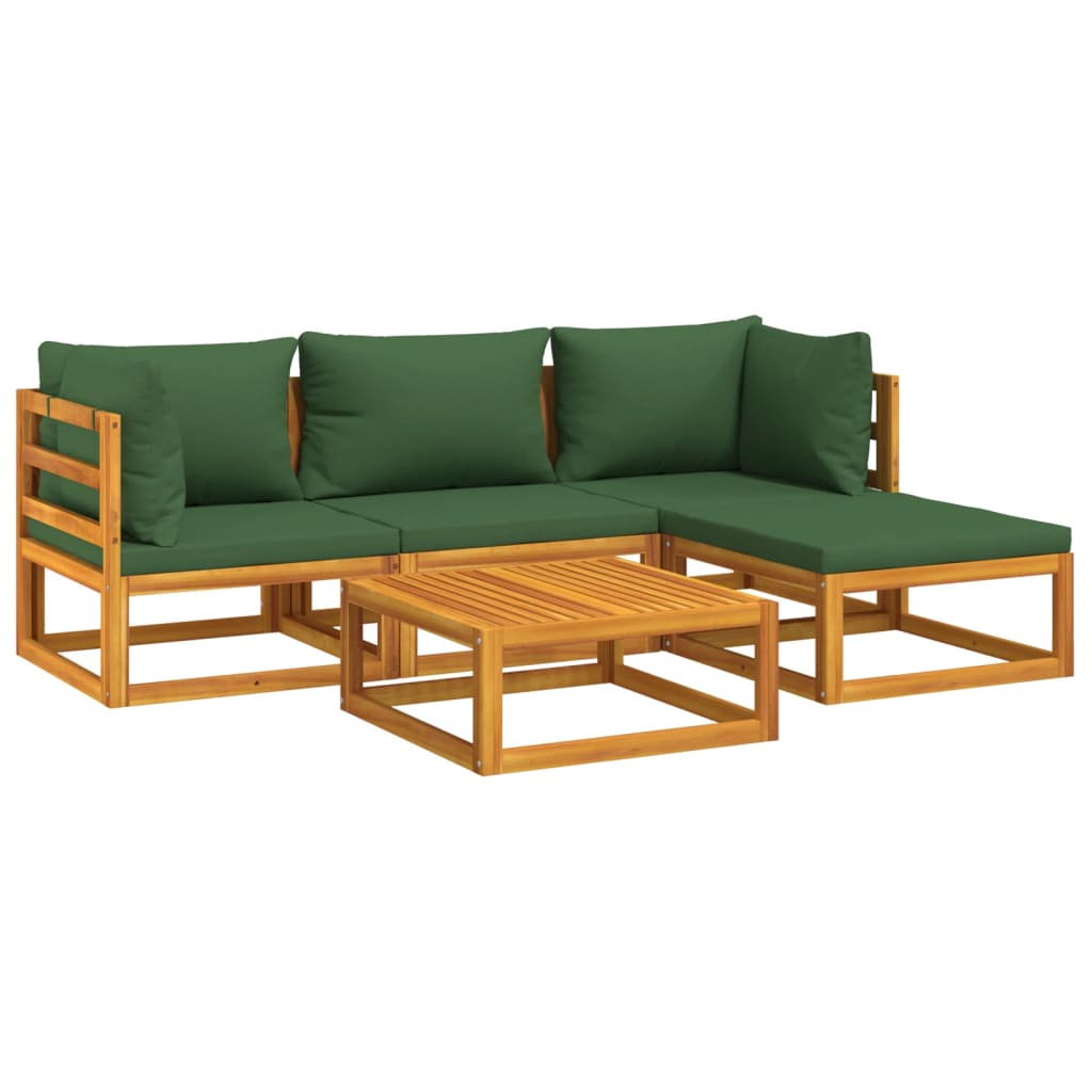 5-cz. ogrodowy zestaw wypoczynkowy, zielone poduszki, drewno