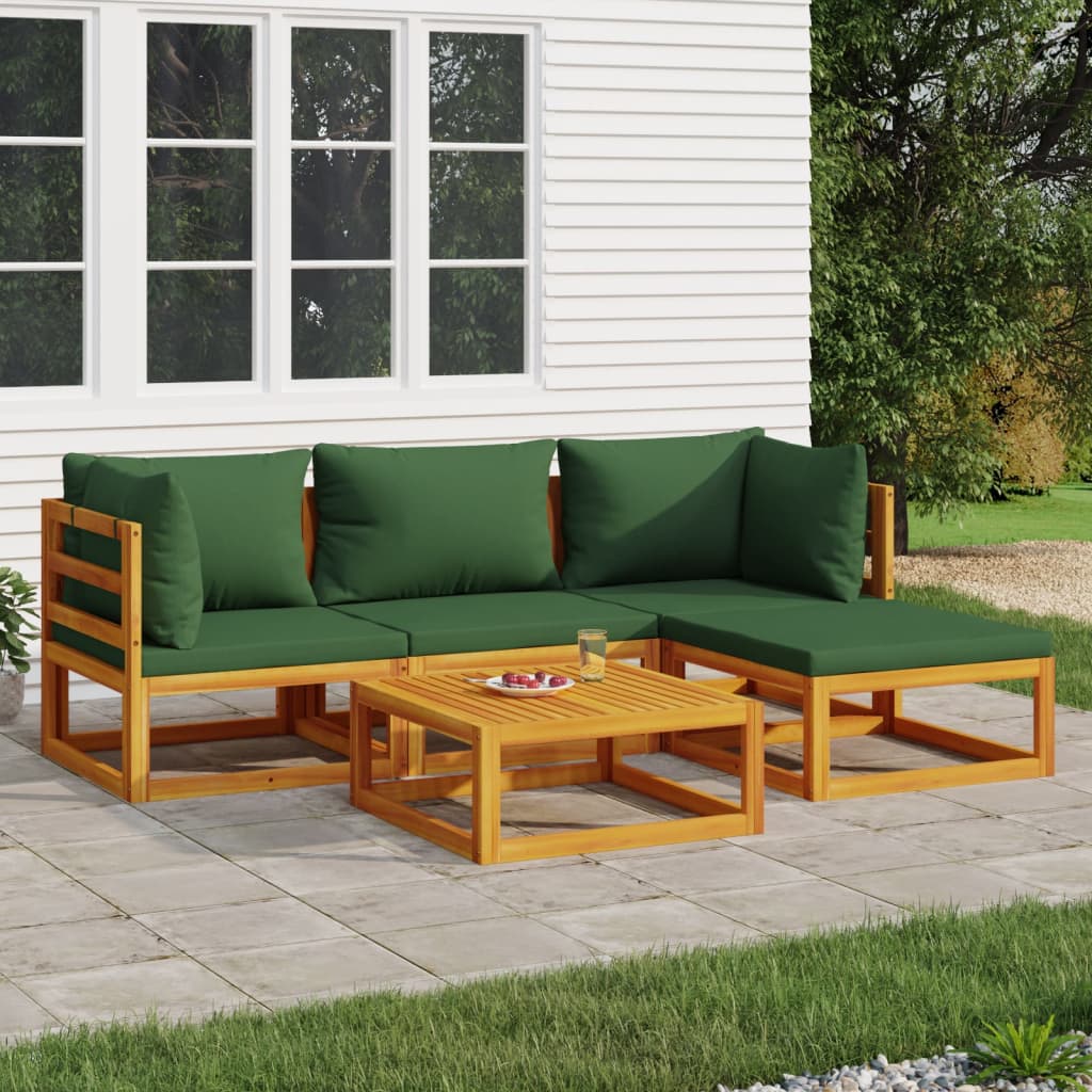 vidaXL 5-tlg. Garten-Lounge-Set mit Grünen Kissen Massivholz