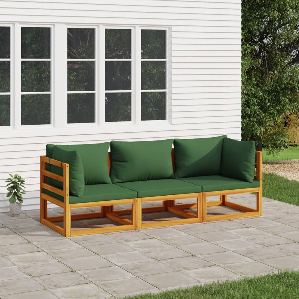 vidaXL 3-tlg. Garten-Lounge-Set mit Grünen Kissen Massivholz