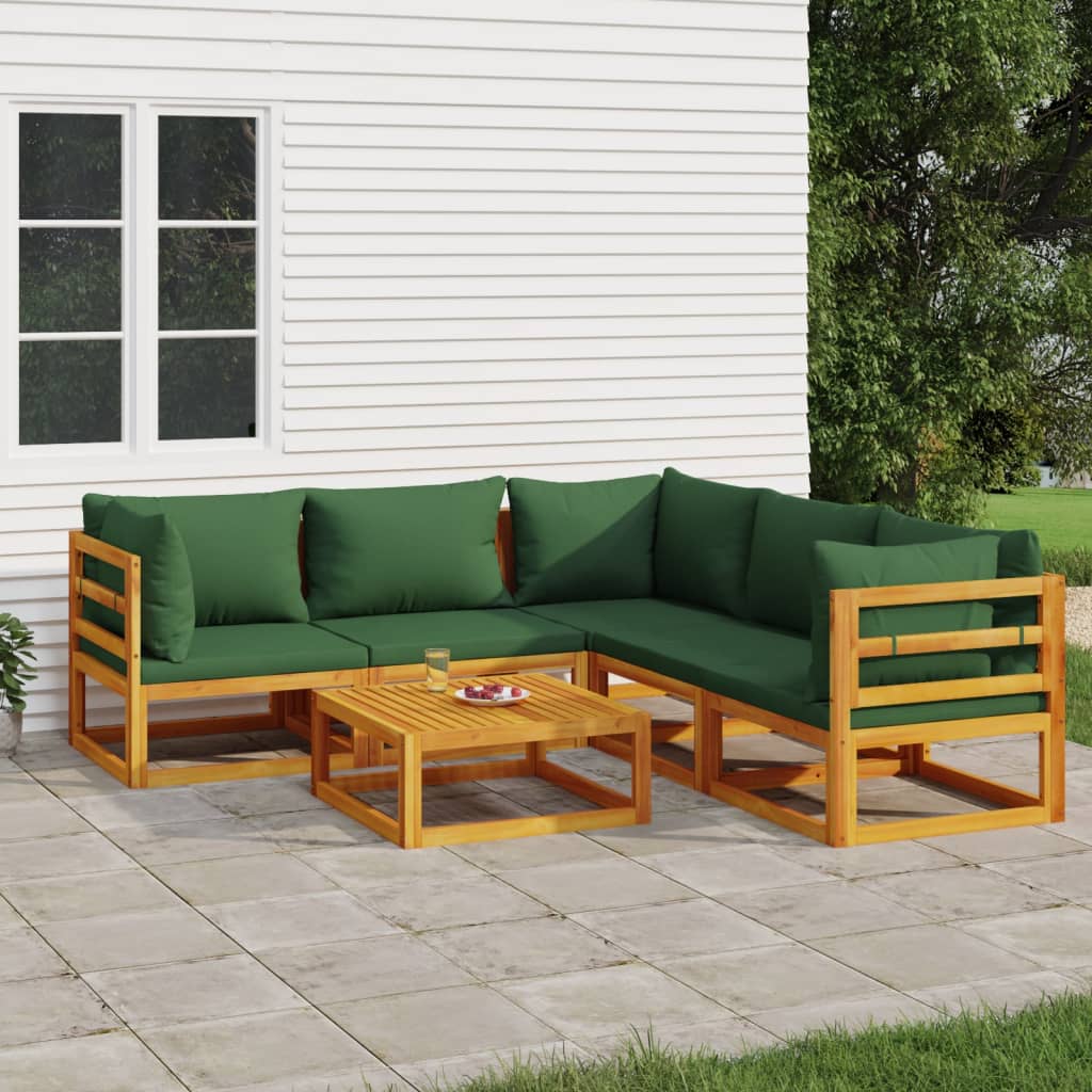 6-cz. zestaw wypoczynkowy do ogrodu, zielone poduszki, drewno