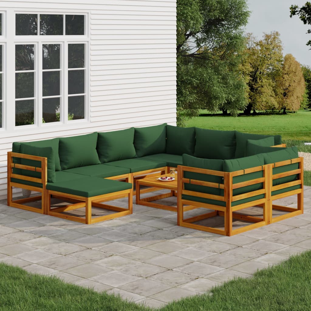 10-cz. zestaw wypoczynkowy do ogrodu, zielone poduszki, drewno