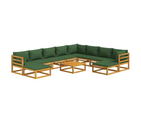 vidaXL 11-delige Loungeset met groene kussens massief hout