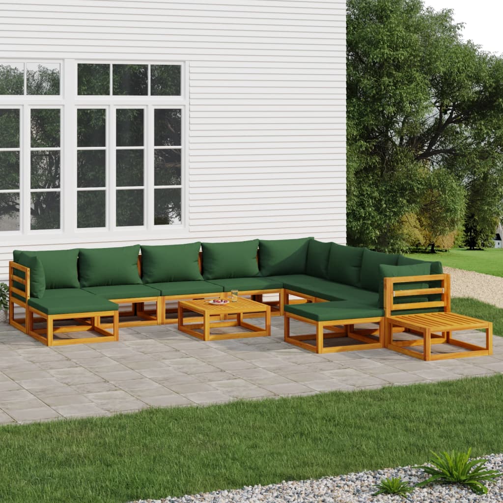 vidaXL 12-tlg. Garten-Lounge-Set mit Grünen Kissen Massivholz