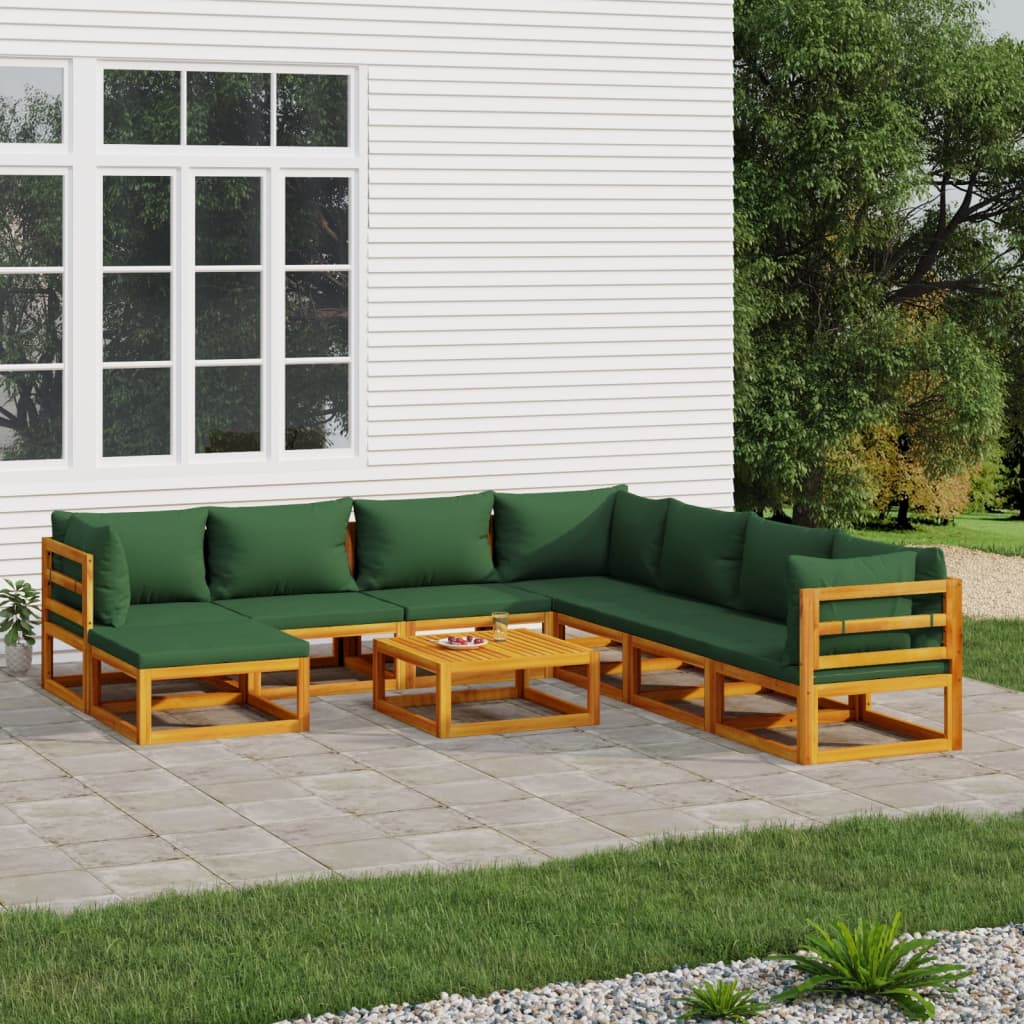 vidaXL Set mobilier de grădină cu perne verzi, 9 piese, lemn masiv