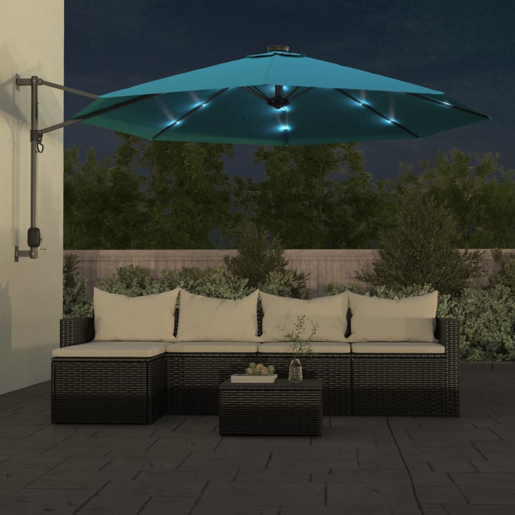 vidaXL Wandparasol met LEDs 290 cm zeeblauw afbeelding
