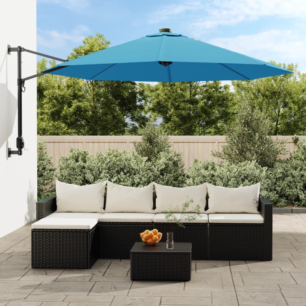 vida XL Wand-Sonnenschirm mit LEDs Meerblau 290 cm