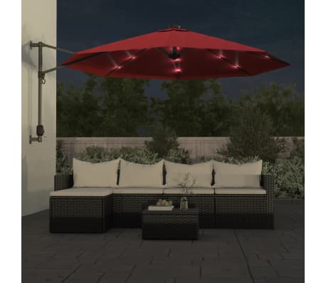 vidaXL pie sienas stiprināms saulessargs, LED, 290 cm, spilgti sarkans