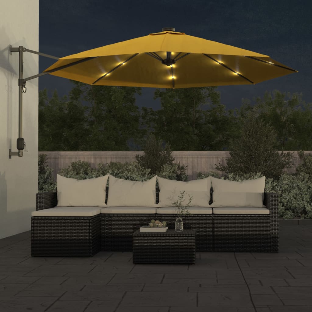 vidaXL Wall-mounted Parasol with LEDs Yellow 290cm