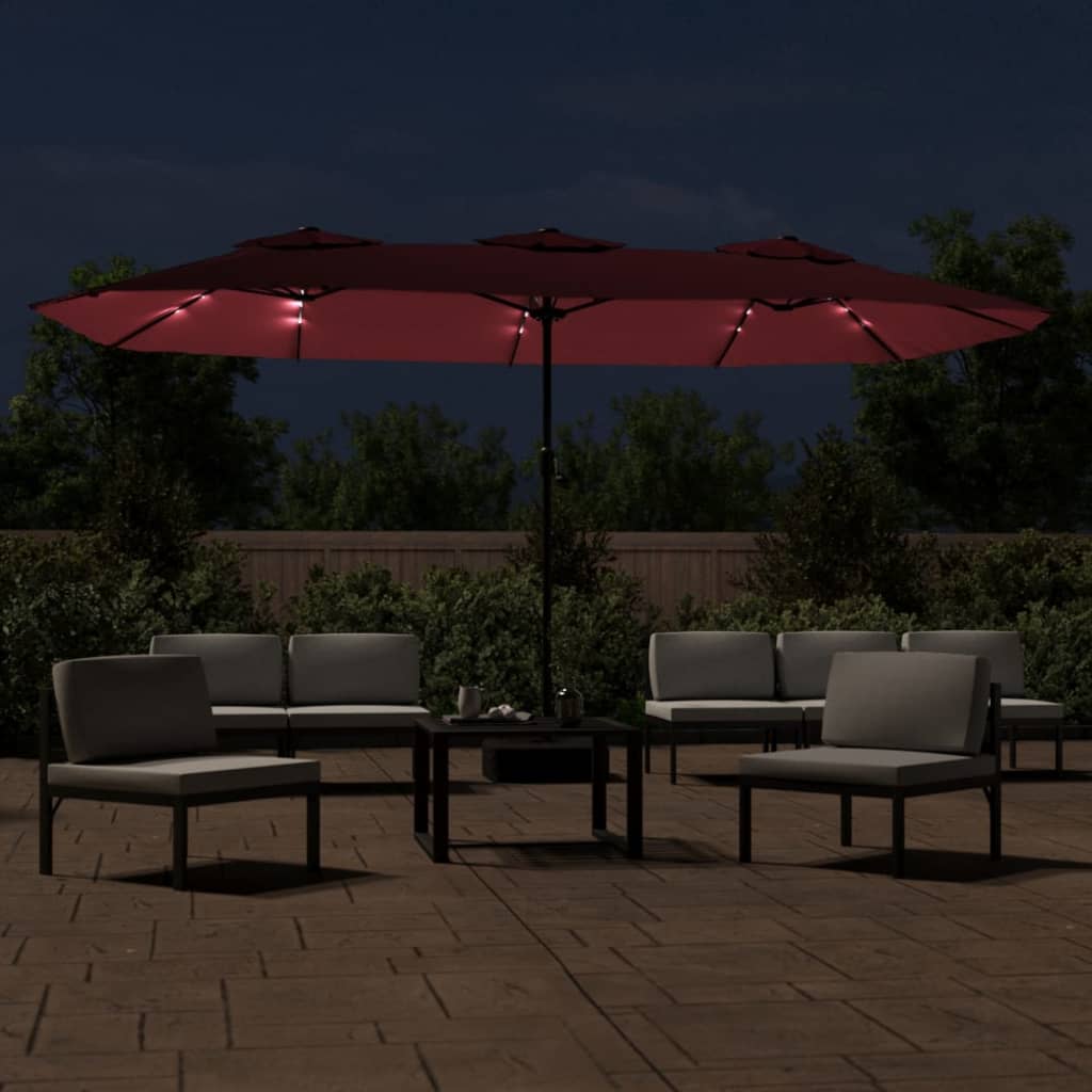 vidaXL Parasol dubbel dak met LED 449x245 cm bordeauxrood afbeelding