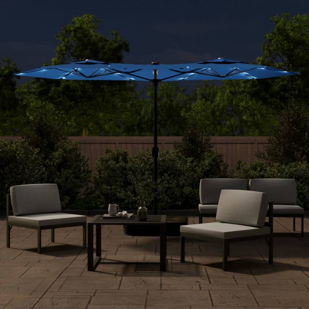 vidaXL Umbrelă de grădină cu două capete/LED-uri, azuriu, 316x240 cm