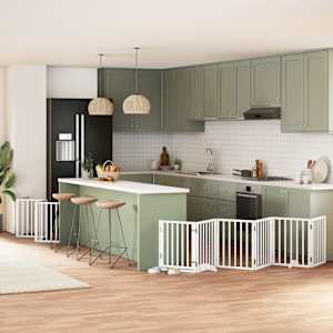 Ograda za pse z vrati zložljiva 15 panelov bela 750 cm les