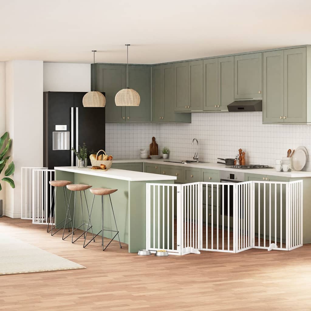 vidaXL Poartă câini pliabilă cu ușă, 9 panouri, alb, 450 cm, lemn plop