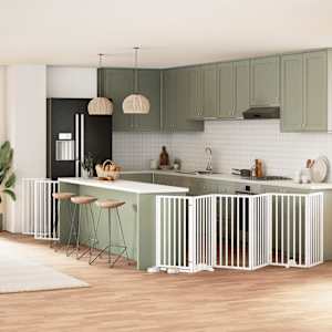 Ograda za pse z vrati zložljiva 12 panelov bela 600 cm les