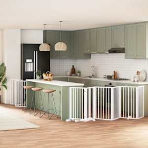 Ograda za pse z vrati zložljiva 15 panelov bela 750 cm les