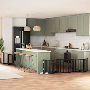 Ograda za pse z vrati zložljiva 9 panelov črna 450 cm les