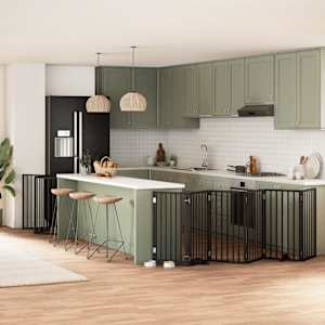 Ograda za pse z vrati zložljiva 15 panelov črna 750 cm les