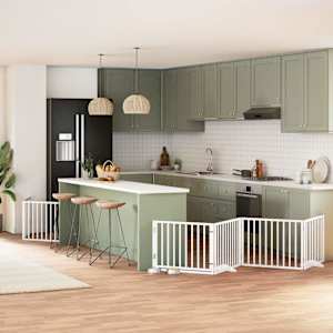 Ograda za pse z vrati zložljiva 8 panelov bela 640 cm les