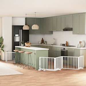 Ograda za pse z vrati zložljiva 10 panelov bela 800 cm les