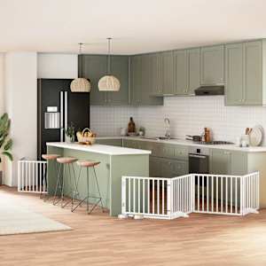 Ograda za pse z vrati zložljiva 12 panelov bela 960 cm les