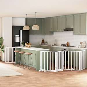 Ograda za pse z vrati zložljiva 10 panelov bela 800 cm les