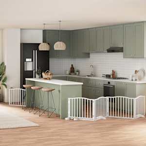 Ograda za pse z vrati zložljiva 6 panelov bela 480 cm les