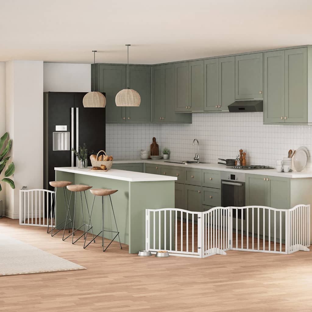 vidaXL Poartă câini pliabilă cu ușă 8 panouri, alb, 640 cm, lemn plop