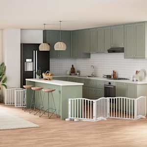 Ograda za pse z vrati zložljiva 12 panelov bela 960 cm les