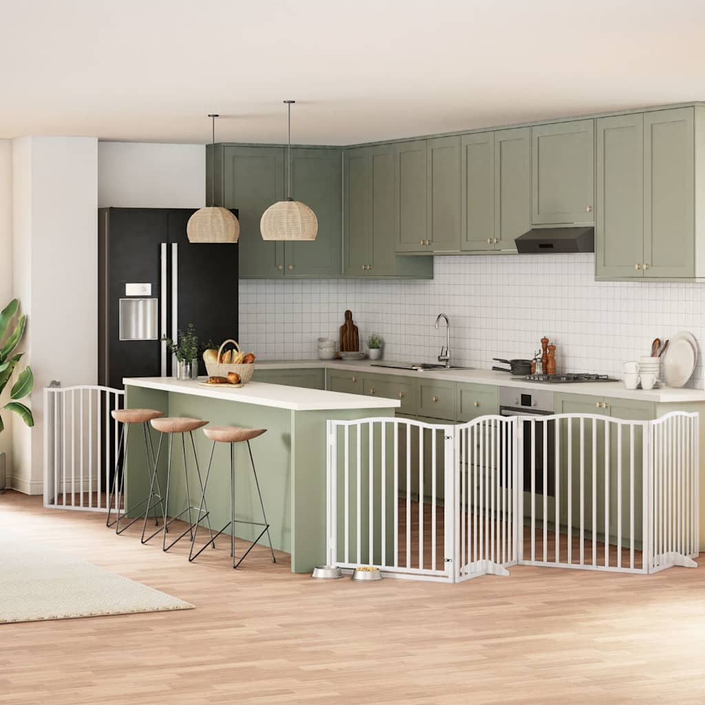 vidaXL Poartă câini pliabilă cu ușă 8 panouri, alb, 640 cm, lemn plop