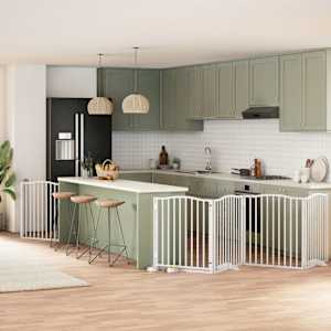 Ograda za pse z vrati zložljiva 8 panelov bela 640 cm les