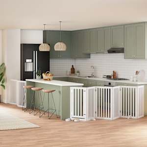 Ograda za pse z vrati zložljiva 9 panelov bela 450 cm les