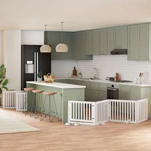 Ograda za pse z vrati zložljiva 12 panelov bela 960 cm les