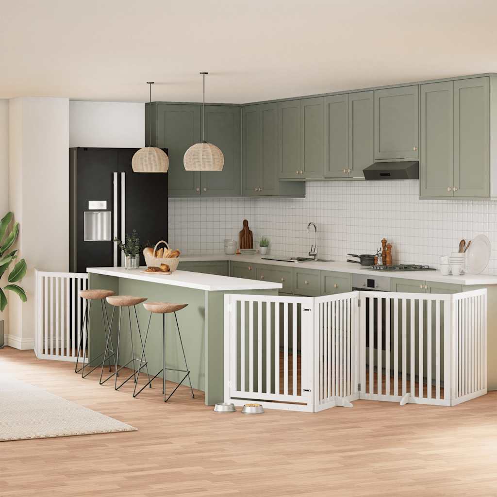 vidaXL Poartă câini pliabilă cu ușă, 6 panouri, alb, 480 cm, lemn plop