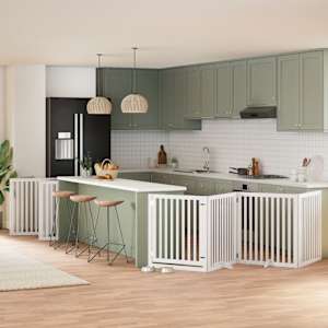 Ograda za pse z vrati zložljiva 10 panelov bela 800 cm les