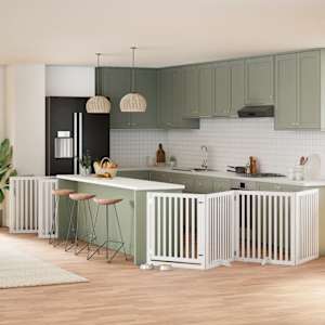 Ograda za pse z vrati zložljiva 12 panelov bela 960 cm les