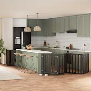 Ograda za pse z vrati zložljiva 8 panelov črna 640 cm les