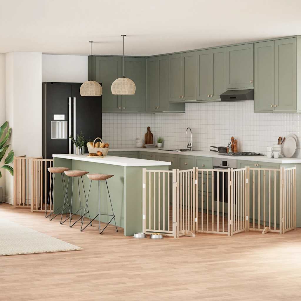 vidaXL Poartă de câini pliabilă cu ușă, 15 panouri, 750 cm, lemn plop