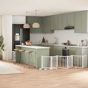 Ograda za pse z vrati zložljiva 9 panelov bela 450 cm les