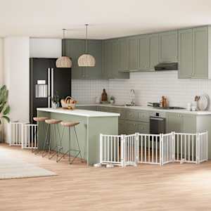 Ograda za pse z vrati zložljiva 15 panelov bela 750 cm les