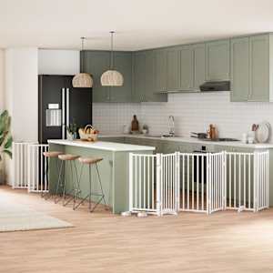 Ograda za pse z vrati zložljiva 12 panelov bela 600 cm les