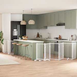 Ograda za pse z vrati zložljiva 15 panelov bela 750 cm les