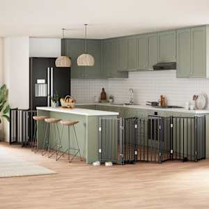 Ograda za pse z vrati zložljiva 15 panelov črna 750 cm les