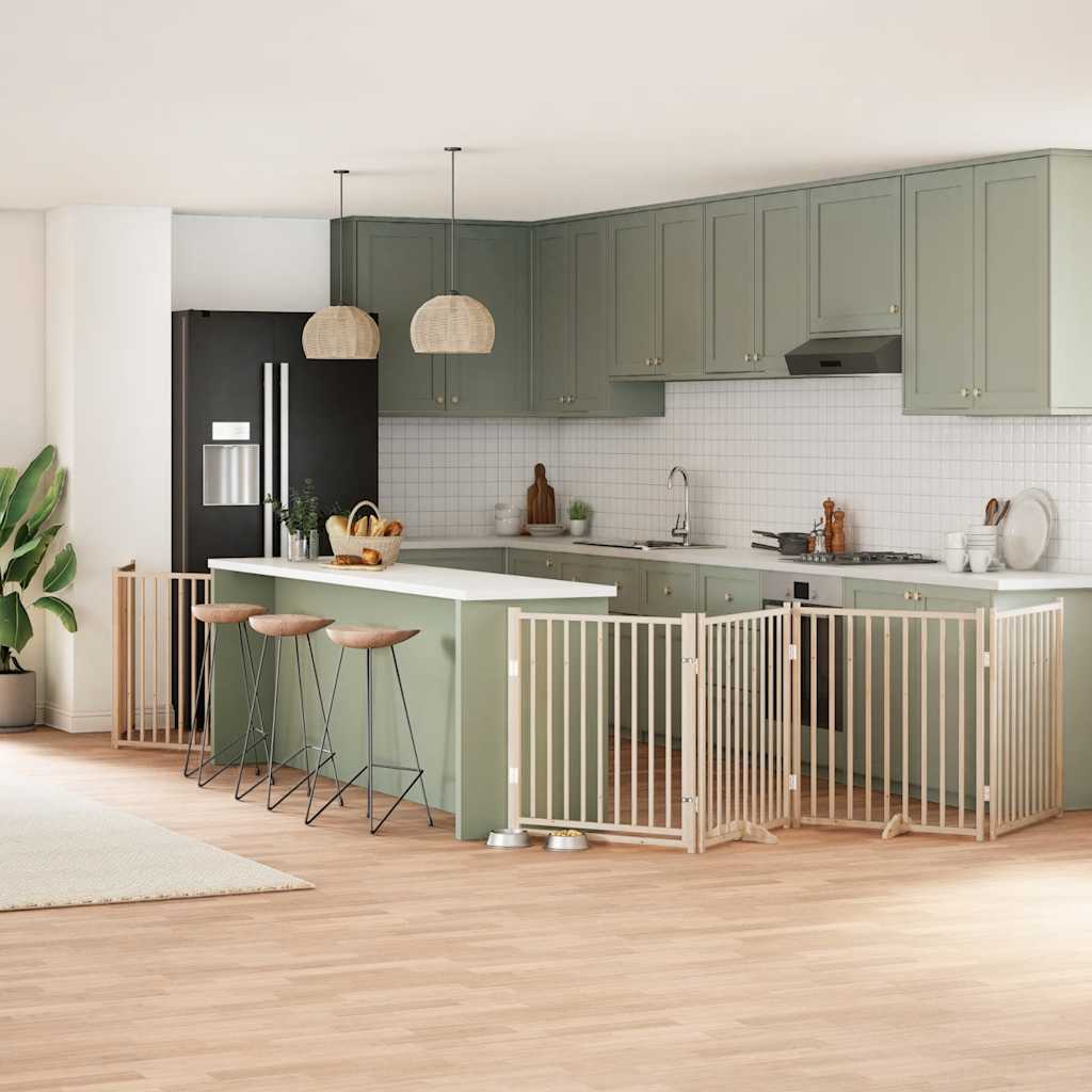 vidaXL Poartă de câini pliabilă cu ușă, 8 panouri, 640 cm, lemn plop