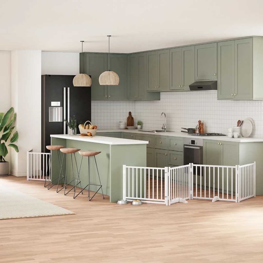 vidaXL Poartă câini pliabilă cu ușă, 6 panouri, alb, 480 cm, lemn plop