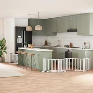 Ograda za pse z vrati zložljiva 6 panelov bela 480 cm les